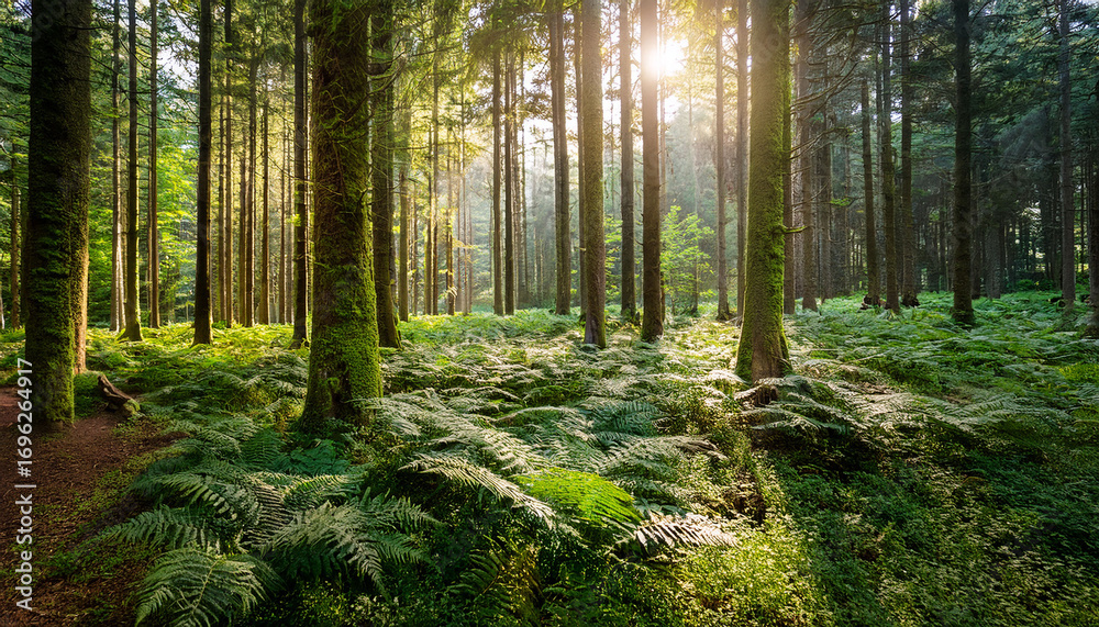 Obraz premium Dense Green Forest With Sunlight Filtering Through Tall Trees Ferncovered Floor Serene Feel