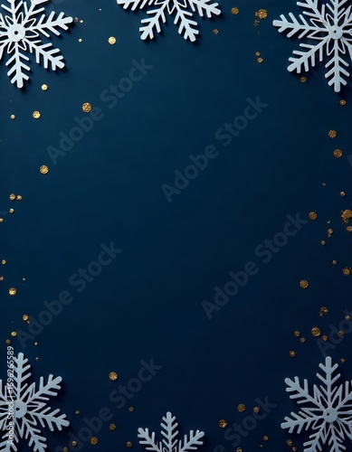 Navy Christmas background with glowing snowflakes and scattered gold sequins