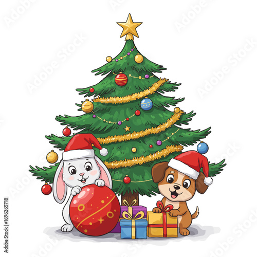 A pretty dog ​​and a rabbit next to a decorated Christmas tree with gifts for Christmas or New Year