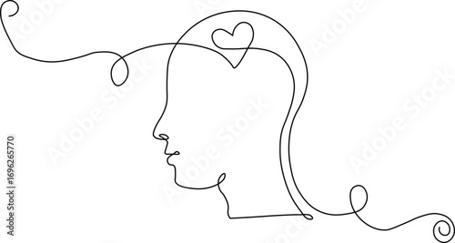 Express your emotions with this elegant minimalist line art design of a human head with a heart representing mental health, love, and connection for a modern creative project