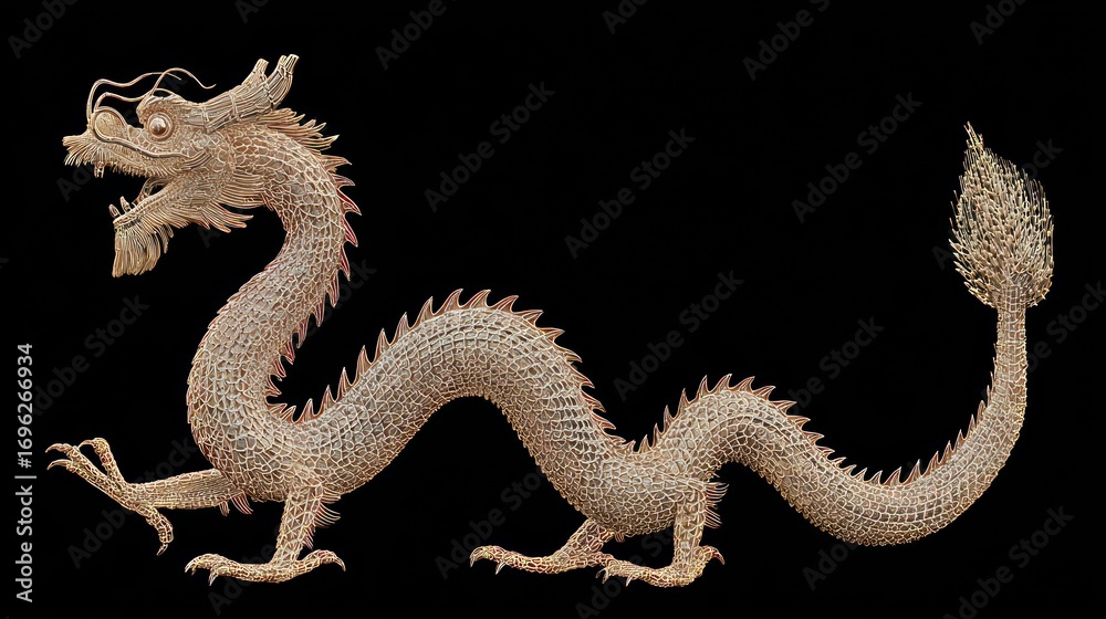 Fototapeta premium Elaborate, ornate dragon sculpture with textured scales, curving body, and detailed claws against a dark background