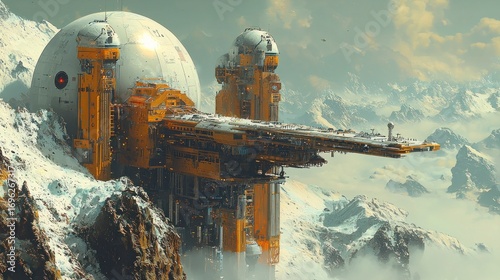 Fototapeta Naklejka Na Ścianę i Meble -  Futuristic orange & white mountaintop space station