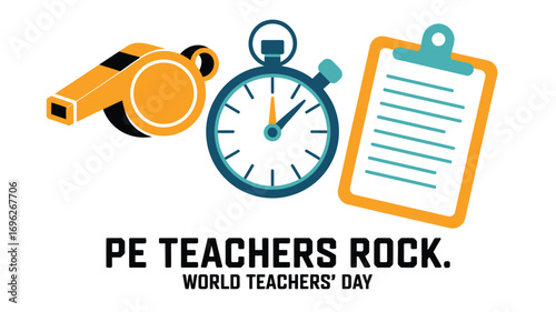 Illustration of a whistle, stopwatch, and clipboard for pe teachers rock world teachers' day design