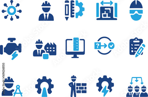 Engineering icon set. Containing blueprint, engineer, tools, construction, mechanical, industrial, worker, engine, manufacturing and machinery icons. Solid icon collection. Vector illustration.