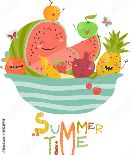 Funny cartoon fruits in bowl. Vector isolated illustration