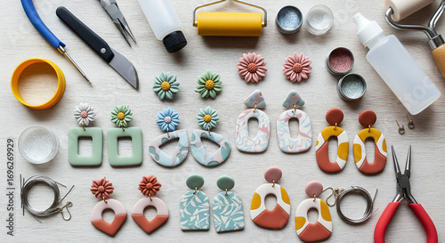 A collection of handmade polymer clay earrings and crafting tools laid out on a wooden surface.