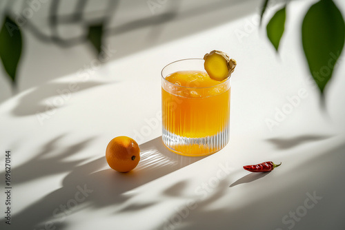 Anti-inflammatory blended beverage with fresh ginger and cayenne pepper served in a glass