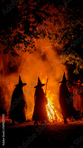 Mystical night scene with witchy figures dancing around a blazing bonfire, silhouettes in flowing robes and pointy hats.