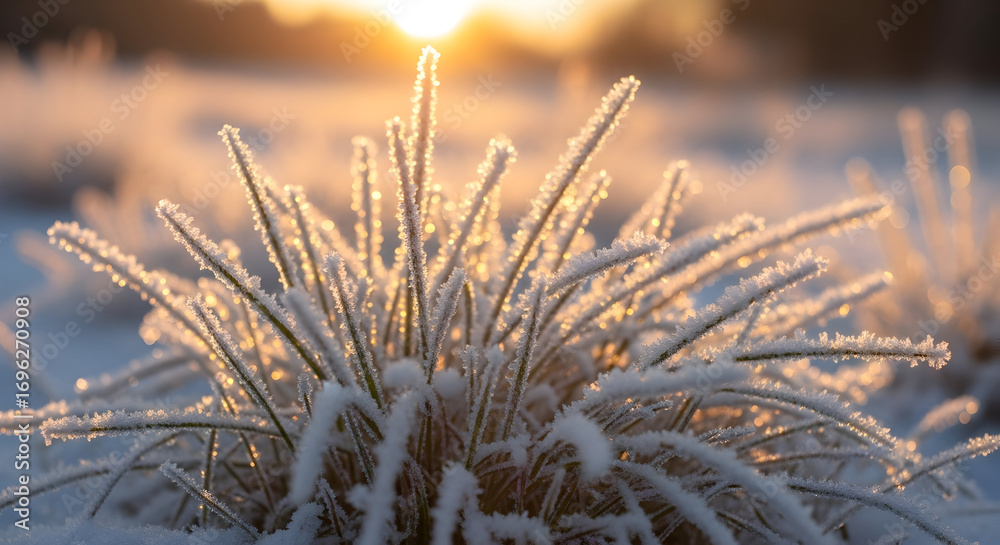 Obraz premium Close up of frost covered grass blades glistening in golden sunlight during winter season with