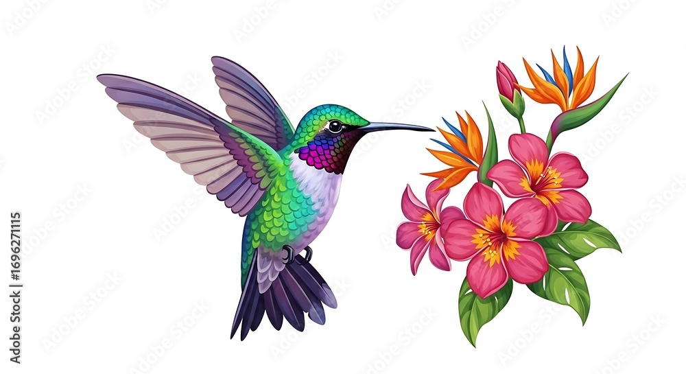 Obraz premium Vibrant Hummingbird and Tropical Flowers Illustration