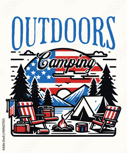 Outdoors camping scene with american flag motif tent