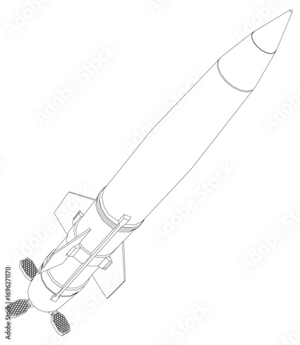Military rocket contour drawing on white background. Vector illustration