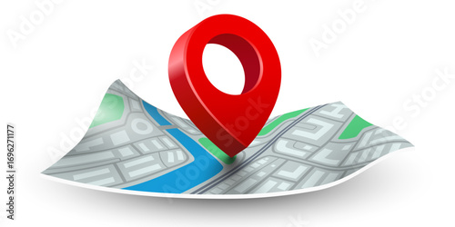 Folded maps navigation with red road pin.