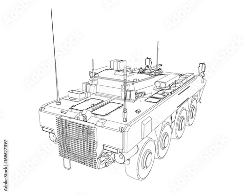 Armored personnel carrier military vehicle sketch with detailed contour lines and visible components on a white background.