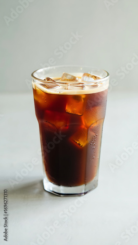 A tall glass filled with iced coffee, showing dark brown coffee and ice cubes, with condensation on the glass, set against a light gray background