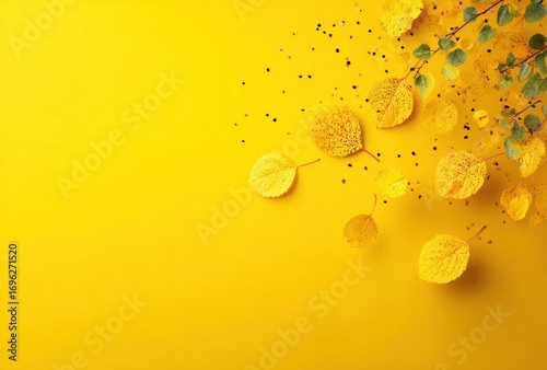 Autumnal charm vibrant yellow background with delicate leaves, glitter, and a few branches for a seasonal, minimalist aesthetic