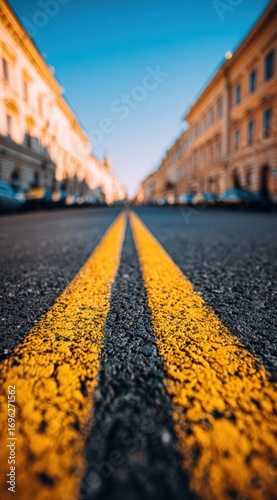 Asphalt city street view, perspective with double yellow line, buildings blurred against a blue sky in the distance
