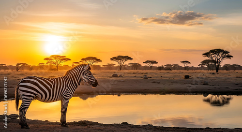 Fototapeta Naklejka Na Ścianę i Meble -  Zebra at sunset in african savanna