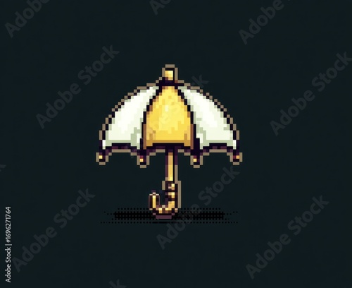 Pixelated umbrella illustration. Gold handle and stem, alternating white and gold panels. Dark background