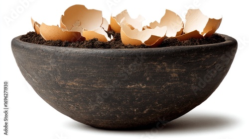 Cracked eggshells in rich soil within a textured, dark bowl. Neutral backdrop