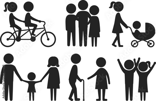 Diverse family activities, tandem bike riding, family walking, baby stroller, multigenerational family, happy moments, elderly walking, children playing, flat vector illustration