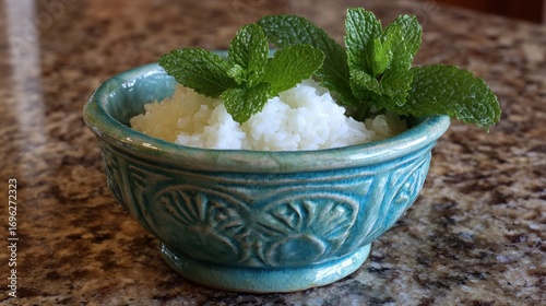 Close-up shot of a turquoise bowl filled with white granular substance, garnished with green mint sprigs on mottled surface