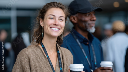 A smiling woman and a man share a moment with coffee cups in hand, capturing the essence of friendly interactions and connection in a vibrant networking environment.