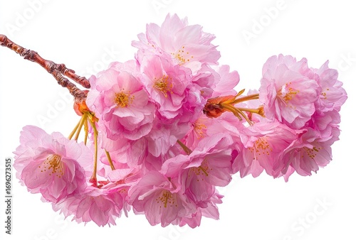 Branch of delicate, light pink blossoms, petals layered, against a stark white background, simple and elegant