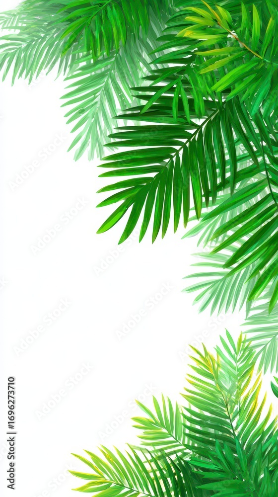 Fototapeta premium Vibrant green palm fronds frame a white background (2)