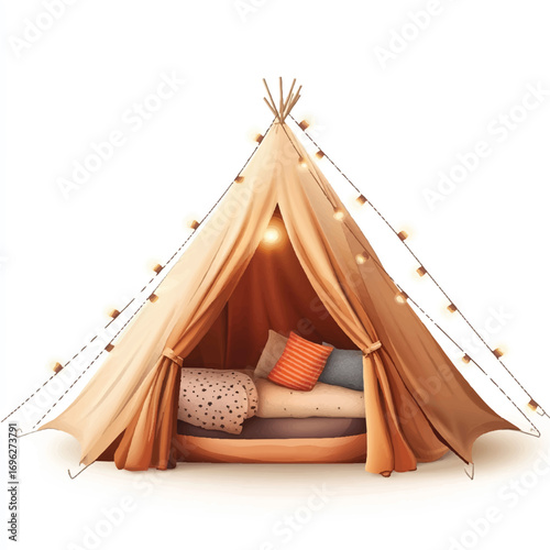 Cozy Boho Teepee Tent with String Lights and Pillows for Indoor Play.