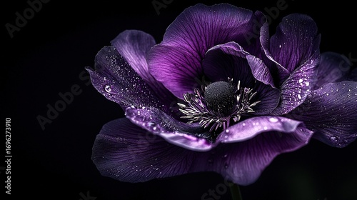   A close-up of a vibrant purple flower with droplets of water adorning its petals against a dark backdrop featuring a solitary droplet