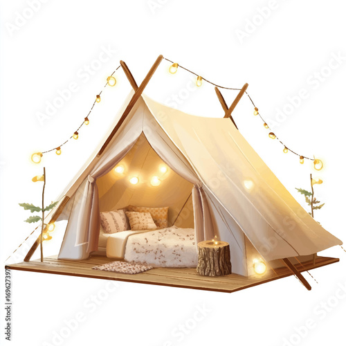 Cozy glamping bell tent with warm string lights and bed.