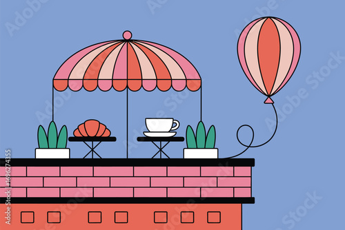 Illustration of a rooftop cafe with a croissant, coffee, plants, umbrella, and a balloon on a blue background