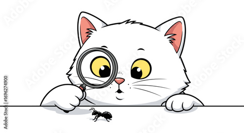 Cute white cartoon cat wearing a blue backpack, smiling.