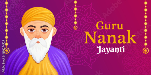  Guru Nanak Jayanti festival banner. Indian sikh religion festive background decorated with mandala and lights.