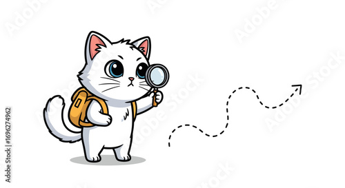 Cute white cartoon cat wearing a blue backpack, smiling.