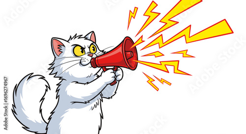 Cute white cartoon cat wearing a blue backpack, smiling.