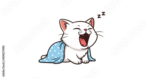 Cute white cartoon cat wearing a blue backpack, smiling.