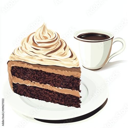 Delicious Chocolate Cake Slice with Swirled Frosting and Coffee Cup