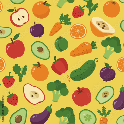 Seamless Fruit Vegetable Pattern Colorful Healthy Food Vector Background