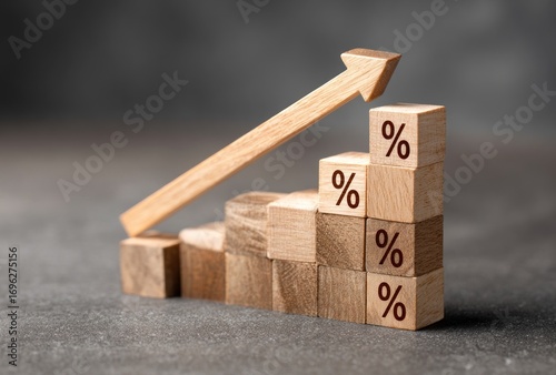 Wooden blocks form a rising bar graph with percentage symbols, topped by a directional arrow, against a gray background