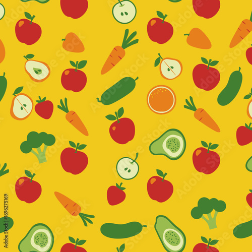 Seamless Fruit Vegetable Pattern Colorful Healthy Food Vector Background