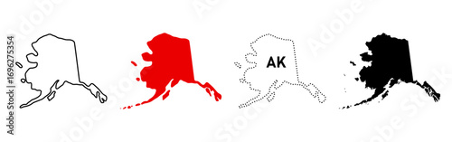 Alaska state silhouette. USA map icon set in outline, solid, dotted and red fill styles. State border sign. American region symbol. Geographic territory pictogram.
