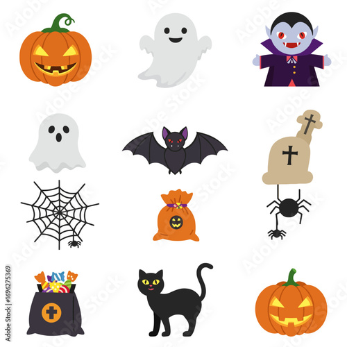 Halloween Icon Set with Pumpkins Ghosts Spiders Bats and Cat