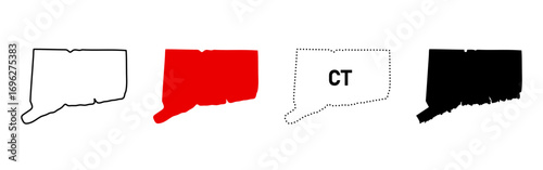 Connecticut state silhouette. USA map icon set in outline, red fill, dotted and black variants. Regional border sign. Northeastern location symbol. American New England pictogram.