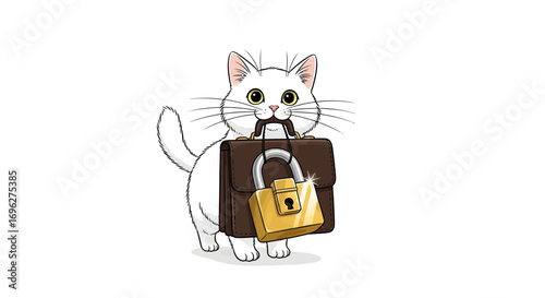 A white kitten carries a briefcase with a lock.