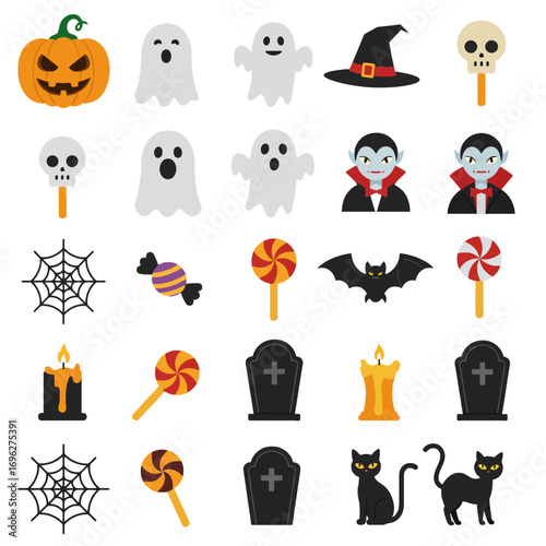 Halloween Icon Set with Pumpkins Ghosts Spiders Bats and Cat