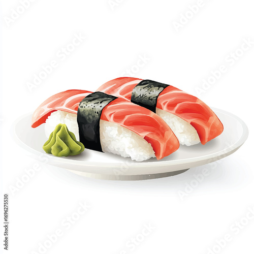 Delicious Salmon Nigiri Sushi with Wasabi on a White Plate