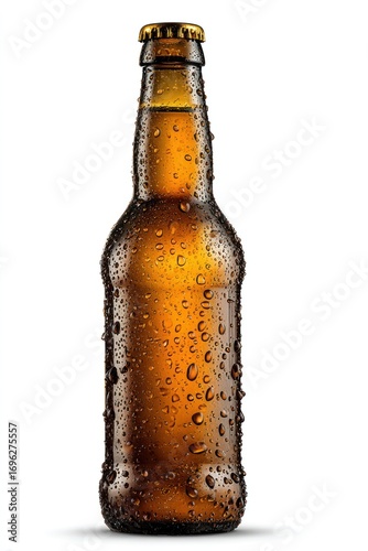Condensation-covered amber glass bottle with a dark cap on a white background casting a soft shadow