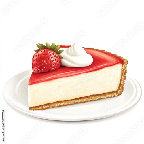 Delicious Slice of Strawberry Cheesecake with Whipped Cream on a White Plate